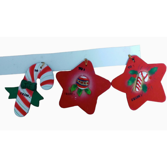 🎁 Vintage Ornament Gift Tags Candy Cane & Red Stars Set of 3 🎄🌟🍬 - Picture 11 of 12